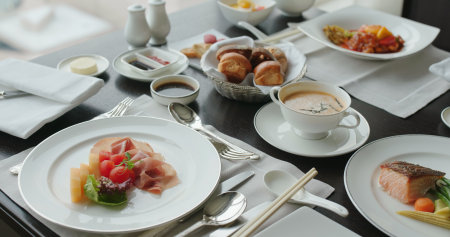 Lunch in the restaurant with different dishes