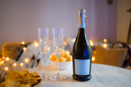 Champagne with glass of the cup at homeの写真素材