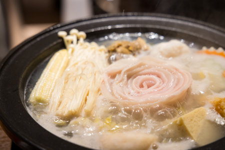 Pork chop hotpot in restaurantの写真素材