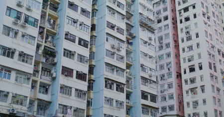 Kwun tong, Hong Kong 27 May 2021: Old style Hong Kong residential towerの写真素材