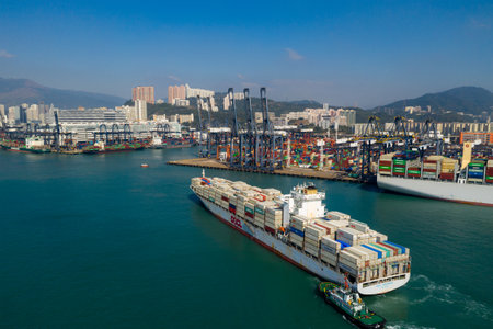 Kwai Tsing, Hong Kong 27 November 2019: Drone fly over Hong Kong container portのeditorial素材