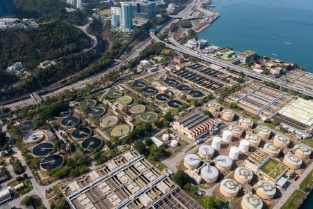 Sha Tin, Hong Kong 10 April 2021: Top view of Sha Tin Sewage treatment plant in Hong Kong
