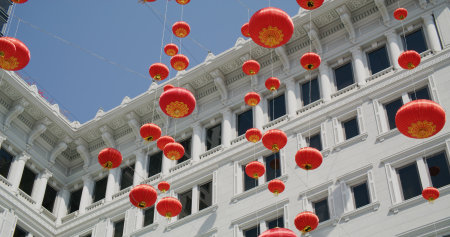 Red lantern hanging at outdoorのeditorial素材