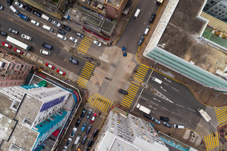 Sham Shui Po, Hong Kong 12 April 2020: Top down view of Hong Kong trafficのeditorial素材