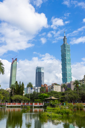 Taipei, Taiwan 02 October 2023: Taipei 101 tower in Sun Yat Sen Memorial Hall in Taipeiのeditorial素材
