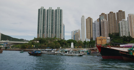 Ap Lei chau, Hong Kong 30 May 2021: Hong Kong fishing port inside typhoon shelterのeditorial素材