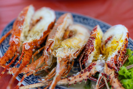 Steamed lobster in vegetable decorationの写真素材