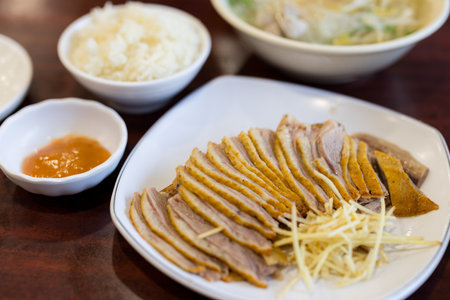 Asian food slice of goose meat dish in restaurantの写真素材