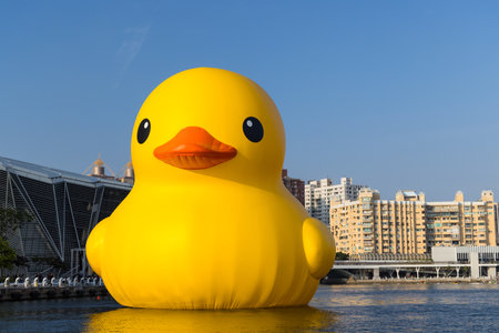 Taiwan, 01 February 2024: Yellow duck in kaohsiung bay in Taiwanの写真素材