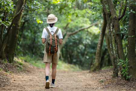 Woman walk along the hiking trail in the forest