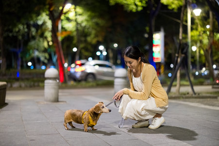 Woman go for a walk with her dog at night