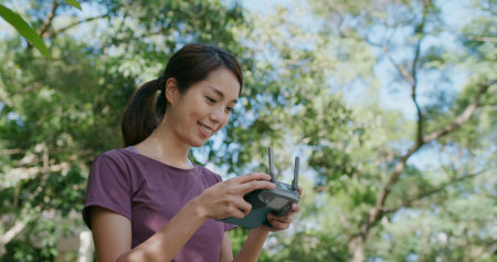 Woman playing with drone at outdoor