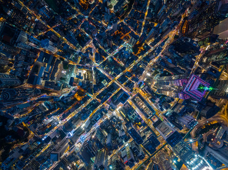Central, Hong Kong 06 December 2021: Top down view of Hong Kong city at night