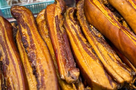 Chinese Preserved pork meat sell in the marketの写真素材