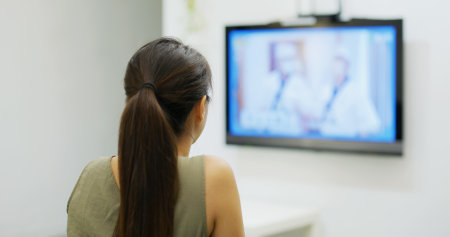 Woman watch TV at homeの写真素材