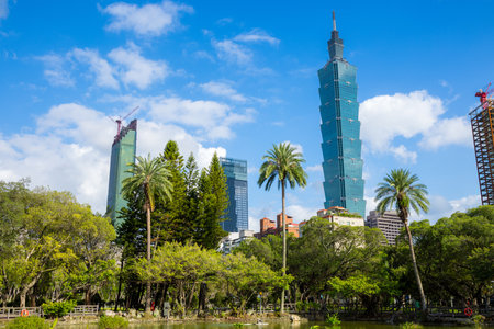 Taipei, Taiwan 02 October 2023: Taipei city landmark over the blue sky