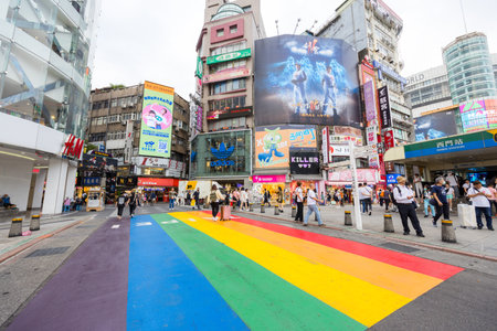 Taipei, Taiwan 13 September 2023: Taipei city street in Ximending with rainbow painting on the roadのeditorial素材