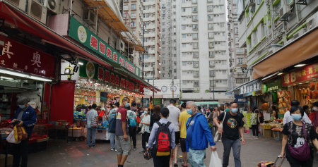 Yuen Long, Hong Kong 21 April 2021: Hong Kong residential district, wet marketのeditorial素材