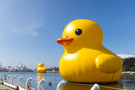 Taiwan, 01 February 2024: Yellow duck in kaohsiung bay in Taiwanのeditorial素材