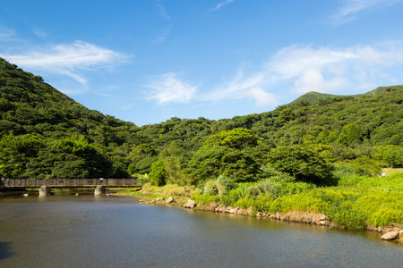 Beautiful lake and forest sceneryの写真素材