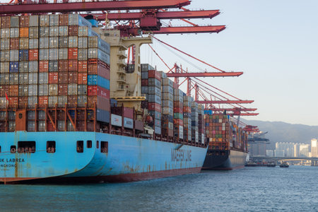 Hong Kong 22 November 2021: Cargo ship terminal in Hong Kongの写真素材