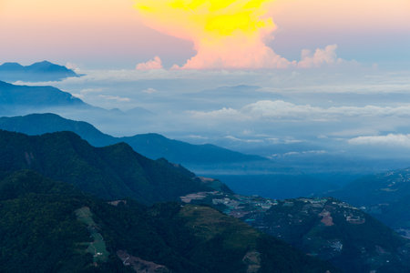 Beautiful mountain landscape at sunsetの写真素材