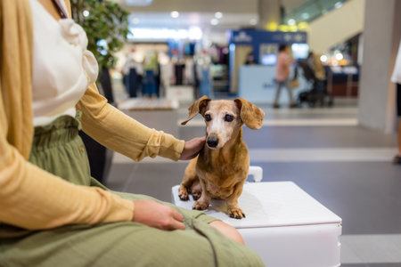 Woman go shopping mall with her dachshund dogの写真素材