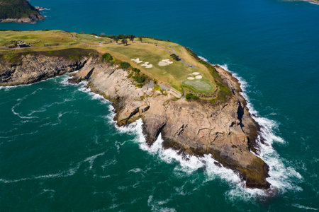 Top view of golf court by the seaの写真素材