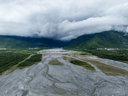 Top view of Hualien Liwu river estuary in Taiwanの写真素材