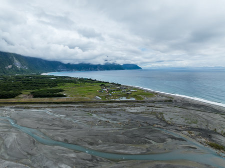 Top view of Hualien Liwu river estuary in Taiwanの写真素材