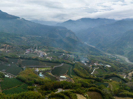Drone fly over the tea field on mountain in Nantou of Taiwanの写真素材