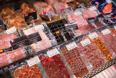 Taiwan, 12 November 2023: Various meat products ham and salami in the supermarketのeditorial素材