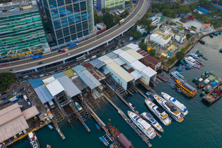 Shau Kei Wan, Hong Kong, 03 December 2020: Top view of Hong Kong shipyardのeditorial素材
