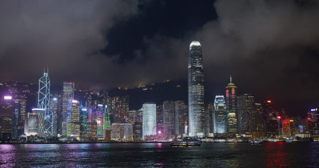 Victoria Harbor, Hong Kong 02 July 2021: Hong Kong city at nightのeditorial素材