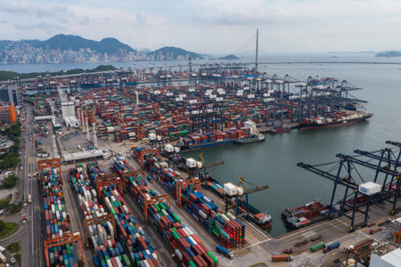 Kwai Chung, Hong Kong 16 June 2021: Drone fly over Hong Kong container portのeditorial素材