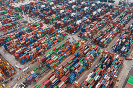 Kwai Tsing, Hong Kong 08 June 2021: Top view of Hong Kong cargo terminal portのeditorial素材