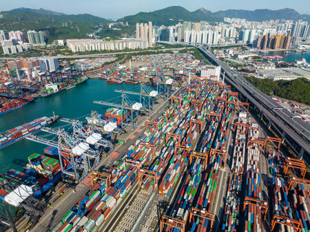 Hong Kong 05 December 2021: Top view of Hong Kong cargo terminal portのeditorial素材