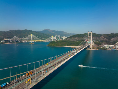 Drone fly over Hong Kong Tsing Ma Bridgeのeditorial素材
