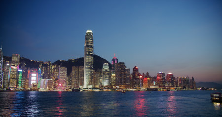 Victoria Harbor, Hong Kong 17 April 2021: Hong Kong landmark nightのeditorial素材