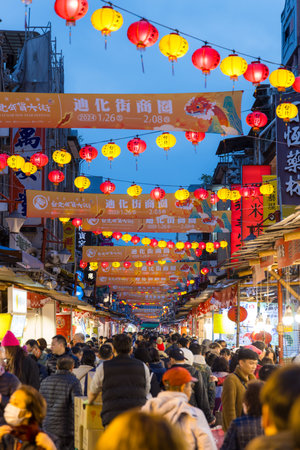 Taipei, Taiwan 26 January 2024: Traditional Lunar new year street market in Dihua at Taipei Cityのeditorial素材