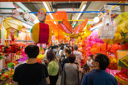 Yuen Long, Hong Kong 09 September 2021: Selling traditional mid autumn lantern in wet market in Hong Kongのeditorial素材