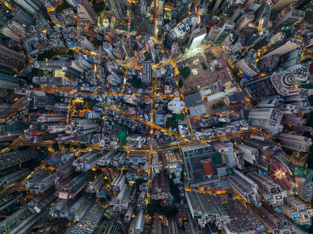 Central, Hong Kong 06 December 2021: Top down view of the compact city in central of Hong Kong in the eveningのeditorial素材