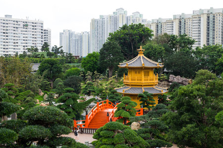 Hong Kong 30 March 2024: Golden pavilion at Chi Lin Nunnery in Hong Kong cityのeditorial素材
