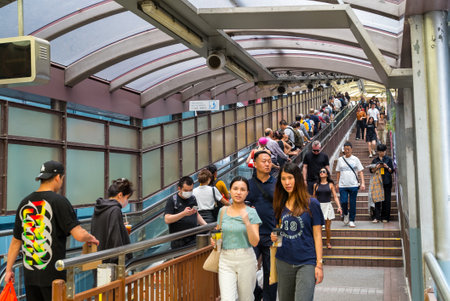 Hong Kong 01 April 2024: Central Mid Levels escalator in Hong Kong cityのeditorial素材