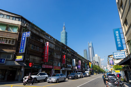 Taipei, Taiwan 18 January 2024: Taipei city street with Taipei 101のeditorial素材