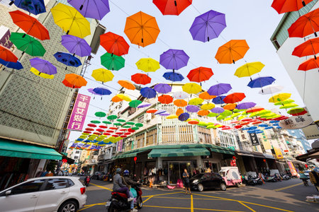 Taiwan 02 February 2024: Colorful Umbrellas Hanging In Hou Yi Shopping Street in Kaohsiung of Taiwanのeditorial素材