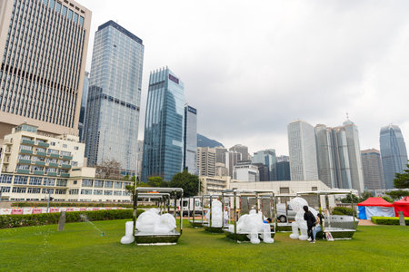 Hong Kong 05 April 2024: Hong Kong Tamar park with art exhibitionのeditorial素材