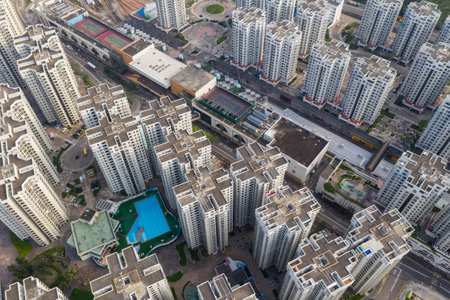 Chai Wan, Hong Kong 22 May 2019: Top view of Hong Kong apartment buildingのeditorial素材
