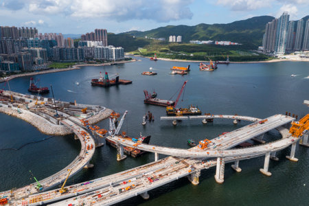 Tseung Kwan O, Hong Kong 07 August 2021: Drone fly over the bridge under constructionのeditorial素材