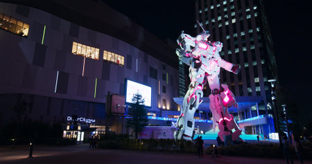 Tokyo, Japan 30 June 2019: Unicorn Gundam robot statue in odaiba at nightのeditorial素材